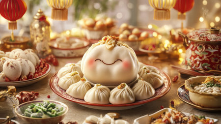 A delightful display of joyful dumplings surrounded by festive decorations, showcasing a vibrant Asian culinary experience perfect for celebrations.の素材