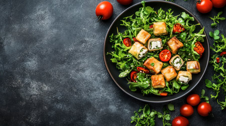 A vibrant salad featuring crispy appetizers and ripe cherry tomatoes, perfect for a fresh and healthy meal. Great for dining or catering occasions.の素材