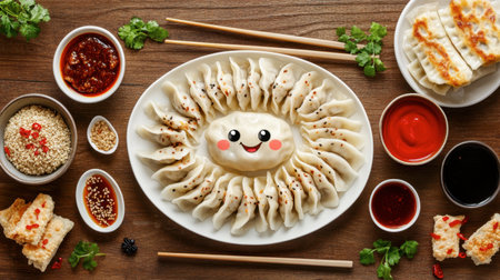 A delightful dumpling platter with a smiling centerpiece and various sauces, perfect for sharing at gatherings. A vibrant display of Asian cuisine.の素材