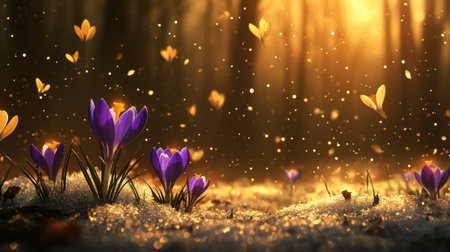 A breathtaking scene of vibrant spring flowers blooming under a golden sunrise. The enchanting atmosphere captures the beauty of nature, evoking tranquility and freshness.の素材