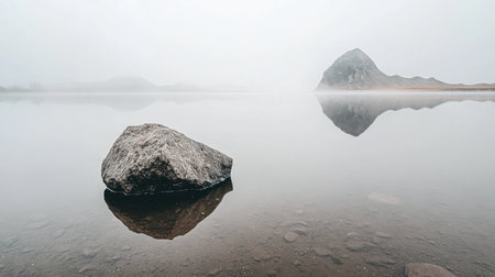 A tranquil scene of a misty lake featuring a prominent rock in the foreground. The fog creates a serene atmosphere, perfect for reflection and nature appreciation.の素材