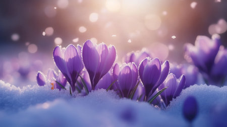 Stunning close-up of vibrant purple crocuses emerging from fresh snow, capturing the beauty of early spring and the delicate interplay of light and nature.の素材