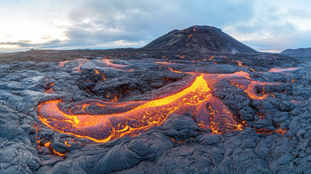 A stunning view of flowing lava from an erupting volcano under a dramatic sky at sunset, showcasing the raw power of nature and the beauty of our planet.の素材