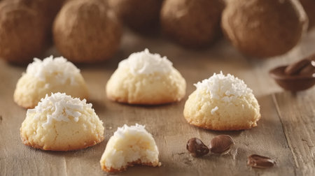 A tempting display of coconut cookies featuring a soft, fluffy texture and a crispy golden edge. Perfect for any dessert table or snack time.の素材