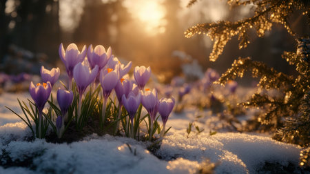 A stunning capture of purple crocuses emerging through snow under the warm morning sunlight, showcasing nature's resilience and beauty in spring.の素材