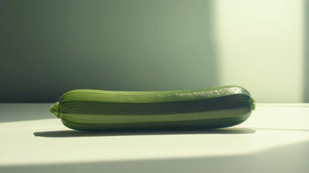 A single fresh green zucchini lies flat on a light surface, showcasing its vibrant color and smooth texture, ideal for culinary use or healthy recipes.の素材