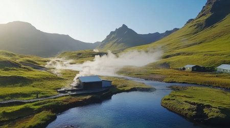 Breathtaking mountain landscape featuring a steaming river and a quaint building, surrounded by lush greenery and dramatic peaks, perfect for nature lovers.の素材