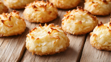 Close-up of freshly baked coconut macaroons featuring a golden, crispy exterior and chewy texture, perfect for snacks or dessert gatherings.の素材
