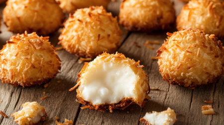 These delightful coconut macaroons are perfectly baked, featuring a golden, crispy exterior and a soft, creamy center. Ideal for dessert lovers!の素材