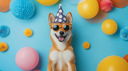 A cheerful dog wearing a party hat and sunglasses, surrounded by colorful balloons, brings a joyful vibe to any celebration. Perfect for fun events!の素材