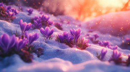 A serene view of purple crocus flowers blossoming through melting snow, capturing the essence of spring's arrival against a warm sunlight backdrop.の素材