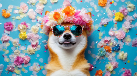 A cheerful Shiba Inu wearing stylish sunglasses is playfully surrounded by colorful flowers, creating a vibrant and fun atmosphere perfect for celebrations.の素材