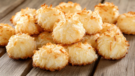 A delightful display of freshly baked coconut macaroons arranged on a rustic wooden surface, perfect for dessert tables and special occasions.の素材