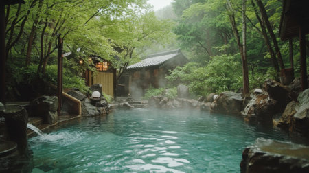 A tranquil outdoor hot spring surrounded by lush greenery and mist, offering a peaceful escape for relaxation and rejuvenation in a natural setting.の素材
