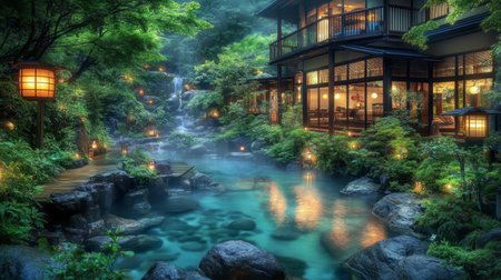 A serene Japanese garden featuring a tranquil stream, lush greenery, and glowing lanterns, creating a perfect atmosphere for relaxation and contemplation.の素材