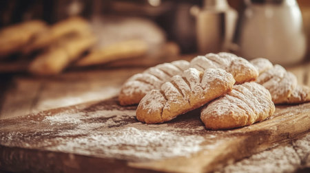 A fresh batch of pastries dusted with flour rests on a rustic wooden table, evoking warmth and comfort in a cozy kitchen setting.の素材