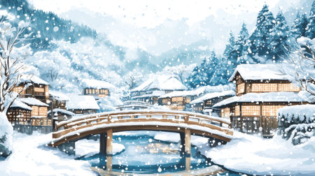 A tranquil winter scene depicting a picturesque village blanketed in snow, featuring a charming bridge over a serene river surrounded by majestic mountains.の素材