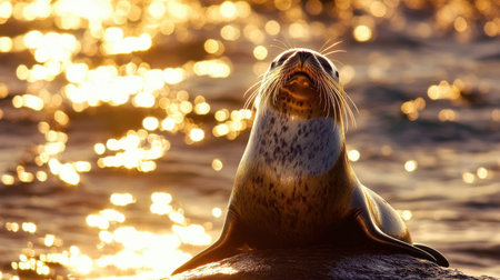 A serene seal basks in the warm glow of sunlight on the water's surface, showcasing its playful spirit against a captivating golden backdrop.の素材