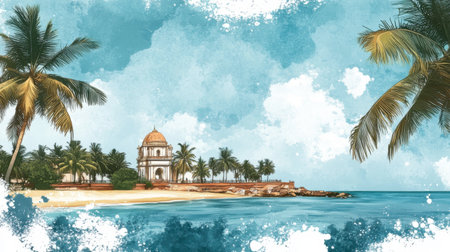 A serene tropical landscape showcasing a sandy beach bordered by palm trees and a stunning coastal view under a beautiful blue sky.の素材