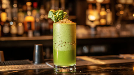 A vibrant green smoothie served in a tall glass with a creative garnish. Perfect for showcasing healthy beverages in a modern bar or cafe setting.の素材