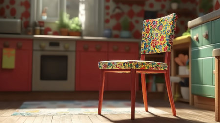 A vibrant vintage chair with a floral pattern adds charm to a cozy kitchen. The bright setting features modern decor elements, perfect for inspiring interiors.の素材