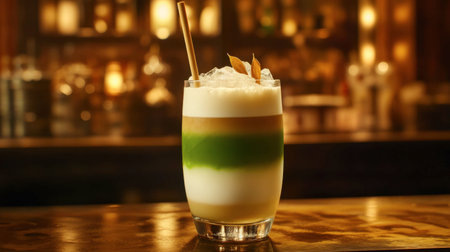 Indulge in a refreshing layered cocktail presented in a stylish glass. Perfect for summer evenings, this drink adds elegance to any bar setting.の素材