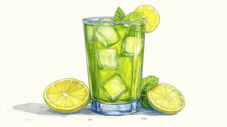 A refreshing lime drink served in a glass, filled with ice cubes and garnished with mint leaves and lemon slices, perfect for summer enjoyment.の素材