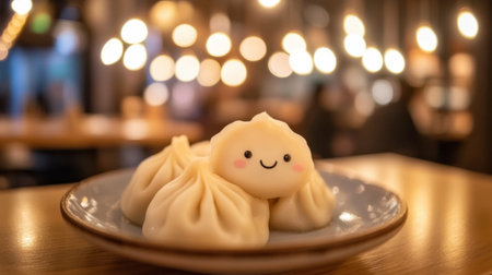 This delightful photo features cute dumplings with smiling faces on a plate, set against a softly blurred bokeh background, creating a warm, inviting atmosphere for food lovers.の素材