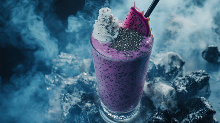 A vibrant purple smoothie served in a glass, topped with whipped cream and garnished with dragonfruit and chia seeds, set against a smoky backdrop.の素材