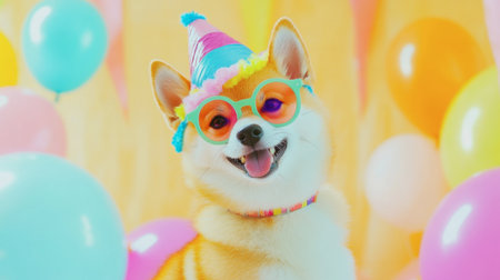 A joyful dog wearing a party hat and colorful glasses surrounded by vibrant balloons, perfect for capturing the essence of fun and celebration.の素材