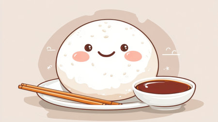 This adorable illustration features a cute cartoon rice ball smiling beside a bowl of soy sauce and chopsticks, perfect for food lovers and playful designs.の素材