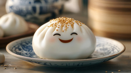 A delightful smiling bun topped with sesame seeds, served on a decorative plate. This charming food illustration evokes warmth and joy in meals.の素材