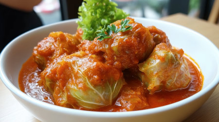 A mouth-watering bowl of cabbage rolls draped in rich tomato sauce, garnished with fresh herbs, perfect for a hearty meal or sharing.の素材