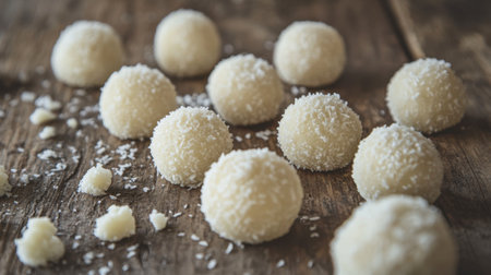 A collection of delicate coconut treats arranged on a rustic wooden surface, showcasing their round shape and sugary texture, perfect for any occasion.の素材