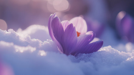 A delicate purple flower blooms through soft snow, symbolizing the beauty of spring amidst winter's chill. This enchanting scene captures nature's resilience.の素材