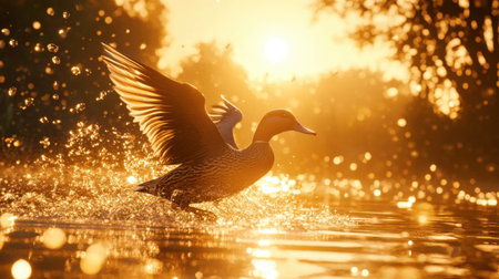 A stunning image capturing a duck in mid-flight over a shimmering body of water during sunset. The golden light creates a tranquil atmosphere perfect for nature lovers.の素材