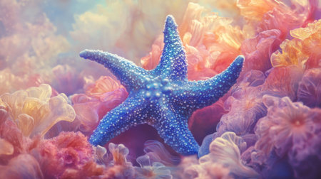 A stunning blue starfish positioned among vibrant coral in an underwater paradise. The image captures the beauty and tranquility of ocean life, showcasing colorful textures and a serene marine environment.の素材