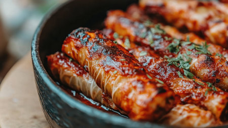 Enjoy a vibrant plate of grilled rolls drizzled in savory sauce, garnished with fresh herbs. Perfect as an appetizer or main dish.の素材