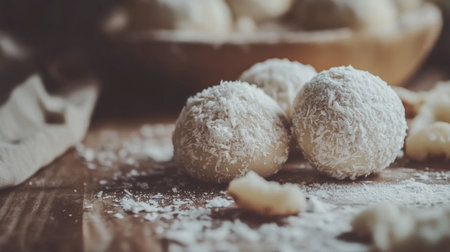 Delight in the texture and flavor of sweet coconut treats, arranged on a rustic wooden table. Perfect for holiday celebrations or casual snacking.の素材