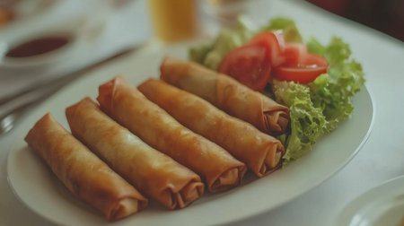 Delight in this beautiful display of crispy spring rolls accompanied by fresh tomatoes and lettuce, perfect for a savory appetizer or side dish.の素材