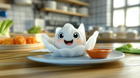 A delightful cartoon dumpling character sits happily on a plate, accompanied by a small bowl of sauce. Perfect for food-related themes or culinary joy!の素材