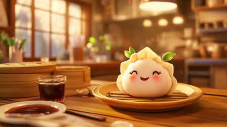 Charming cartoon dumpling character sits on a wooden table in a cozy kitchen, radiating joy with its cheerful expression. Perfect for food-themed art.の素材