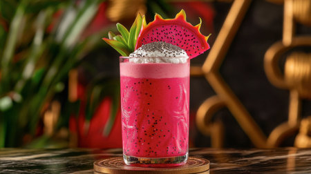 This stunning pink dragon fruit drink features a creamy topping and vibrant garnishes, perfect for summer celebrations or tropical-themed events.の素材