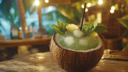 A vibrant tropical drink served in a coconut shell, featuring ice, fruits, and fresh basil. Perfect for summer vibes and relaxing beach moments.の素材