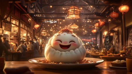 A cheerful oversized dumpling sits in a lively food market, surrounded by bustling diners and glowing lanterns, creating a warm, vibrant atmosphere.の素材