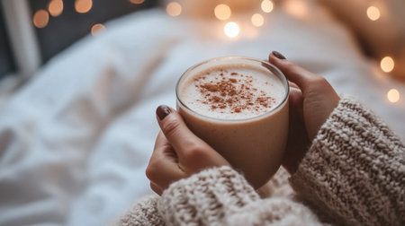 A cozy scene featuring warm hands holding a mug of hot drink, topped with cinnamon, evoking comfort and relaxation amid soft light and a peaceful atmosphere.の素材