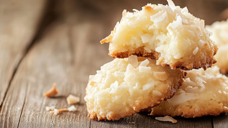 A tempting close-up of delicious coconut macaroons, showcasing their golden edges and fluffy texture, perfect for any dessert table or snack craving.の素材