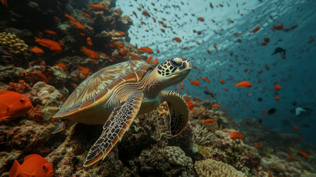 A graceful sea turtle glides through a vibrant coral reef, surrounded by colorful fish and marine life. This scene captures the serenity of underwater exploration.の素材