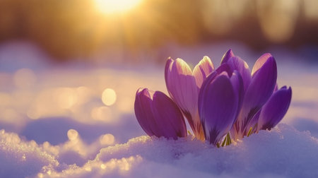 A stunning close-up of vibrant purple crocuses blooming through snow. The soft petals catch the morning light, symbolizing the arrival of spring.の素材