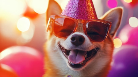A cheerful dog wearing a sparkly party hat and sunglasses beams with happiness. This playful scene captures the spirit of fun and celebration.の素材